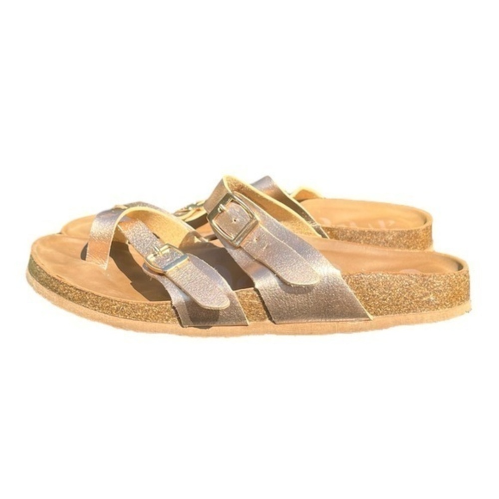 Mad Love Sandals Buckle Strappy Slide Metallic Pewter Faux Leather size 8